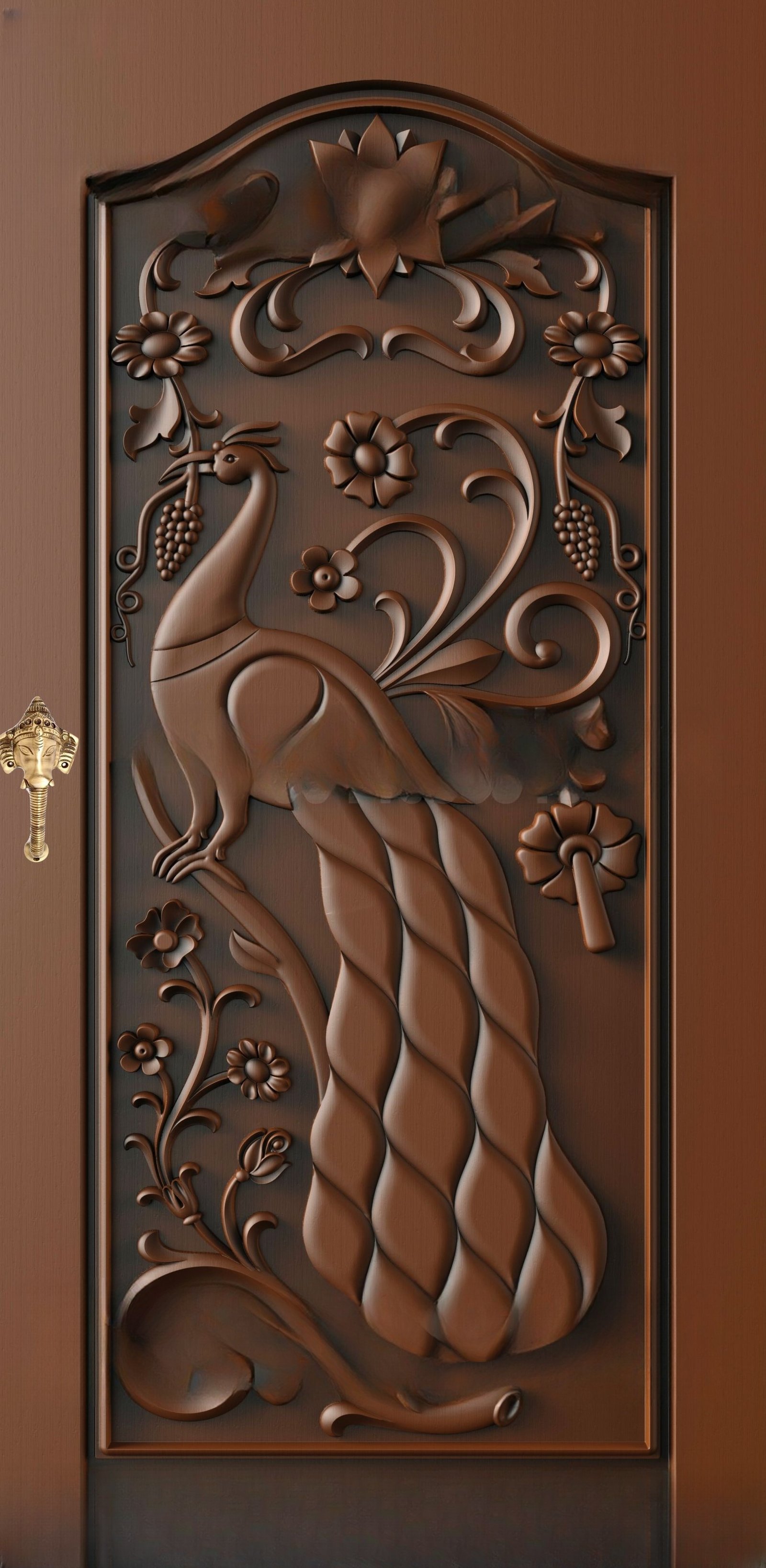 God Doors - GD-42 Peacock Motif Divine Relief Carved Wood Door 3D Model